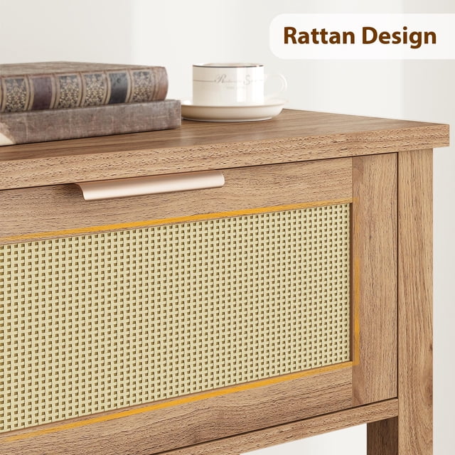 Narrow Rattan Console Table with 2 Drawers – 2-Tier Boho Entryway Side Table, Open Storage Shelf, Natural Wood Accent for Small Spaces, Hallway, Living Room, Foyer