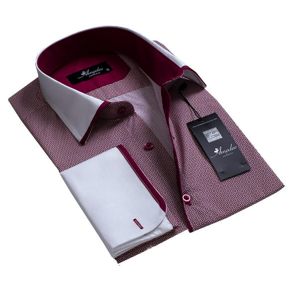 Amedeo Exclusive Chemises Habillées Ajustées pour Hommes Bordeaux et Blanc avec Poignets Français et Trous pour Boutons de Manchette - Décontracté et Formel, TG
