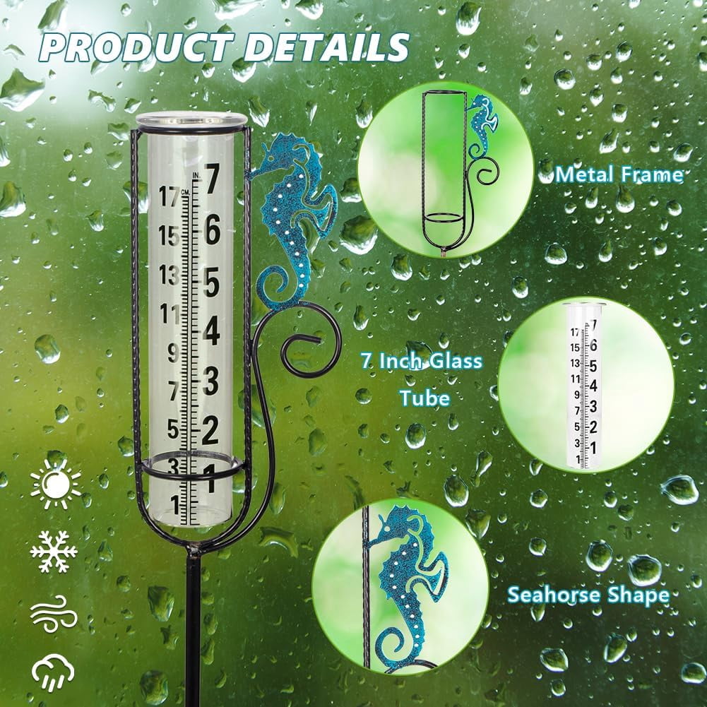 HRTGFD-Rain Gauge Outdoor,7 Inch Glass Decorative Rain Gauge Seahorses Rain Guage Rain Measure Gauge with Metal Stake for Garden Patio Lawn