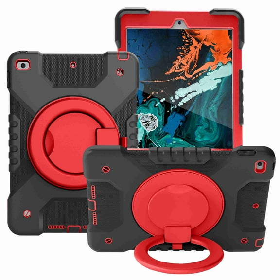 iPad 7th Generation Case 2019 with Hand Strap, Dteck 8th Generation iPad case with 360 Degree Kickstand Shoulder Strap Three Layer Silicone Cover for iPad 10.2 Inch 2019 2020 Releases, Black Red