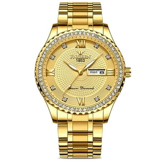 gold mens dress watch DISEN Classic Diamond Gold Watches for Men, Stainless Steel Waterproof Dress  Watch, Men's Quartz Analog Wristwatch