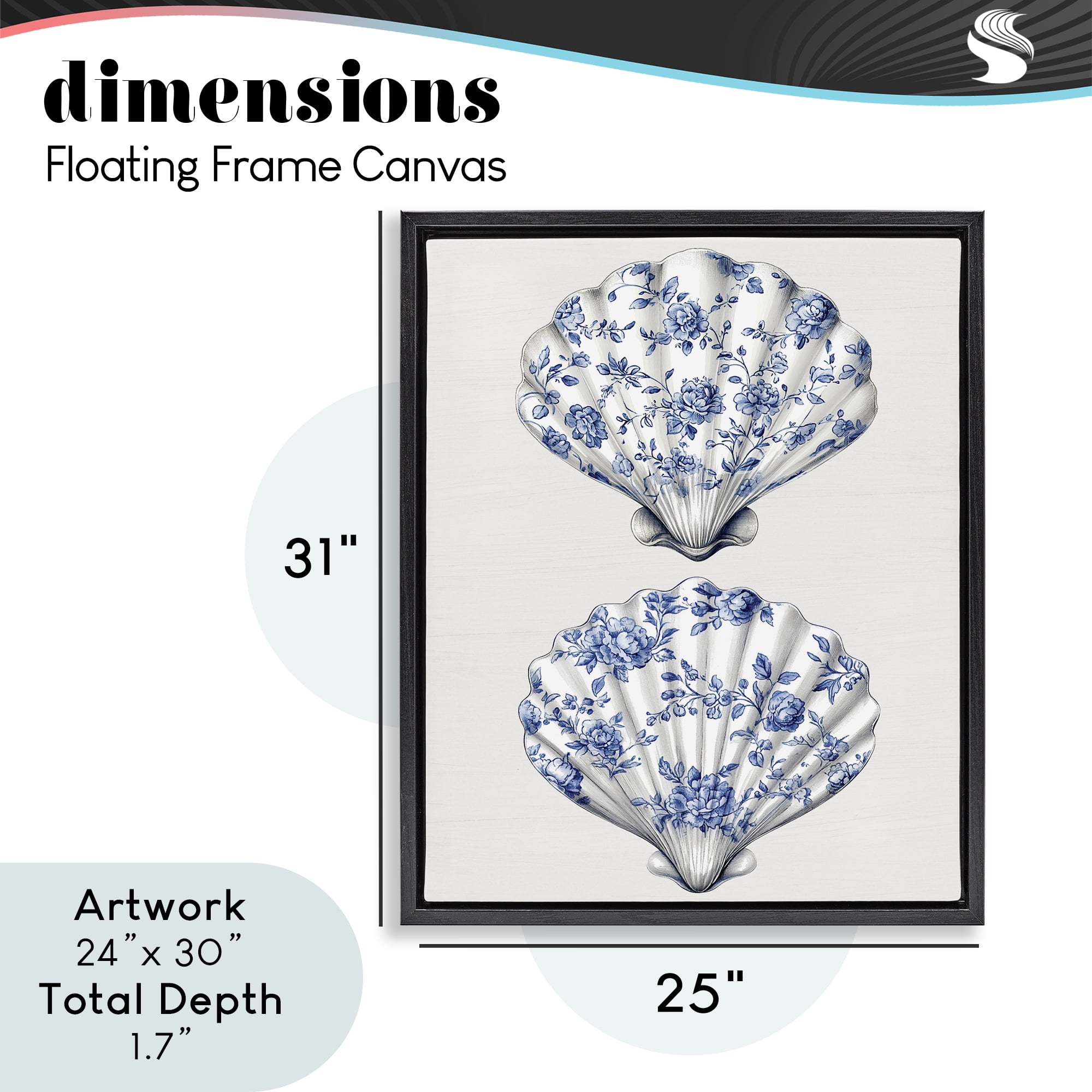 Delicate Toile Seashells Black Framed Floater Canvas Wall Art, design by Lettered and Lined
