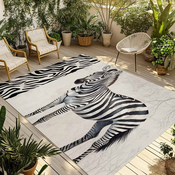 Fsddascl Vintage Zebra Outdoor Rug for Patio/Deck/Porch, Non-Slip Large Area Rug 4 x 6 Ft, Modern Art Animal Watercolor Indoor Outdoor Rugs Washable Area Rugs, Reversible Camping Rug Carpet Runner