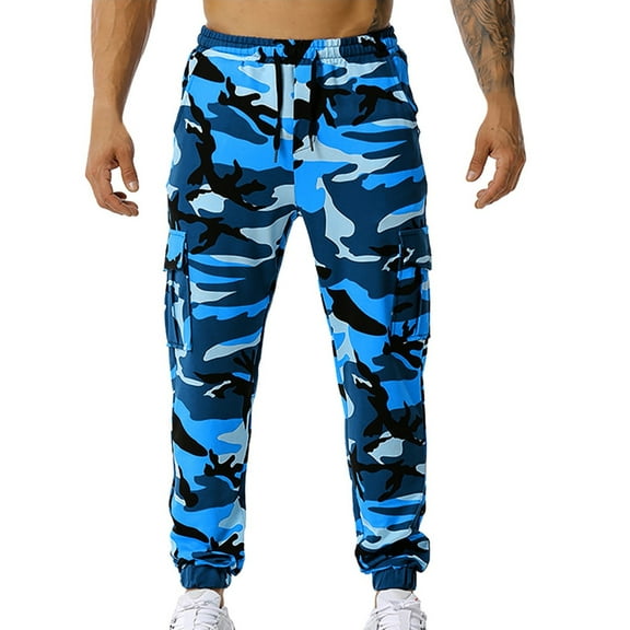 Clearance! Lisingtool Sweatpants for Men Men's Casual Camouflage Jogging Elastic Mid-Waist Sweatpants with Pocket Blue Promotion Sale