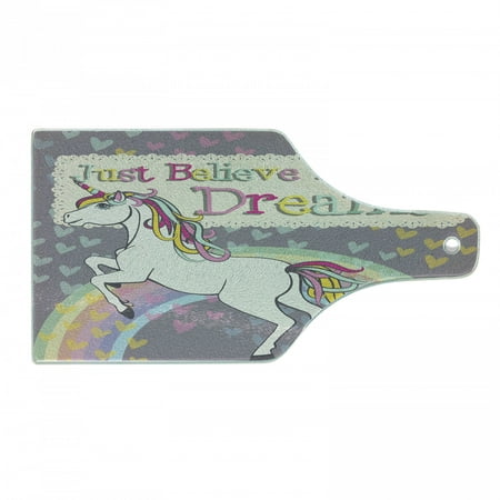 

Feminine Cutting Board Unicorn Believe in Your Dreams Words Illustration Decorative Tempered Glass Cutting and Serving Board Wine Bottle Shape Beige and Lilac by Ambesonne