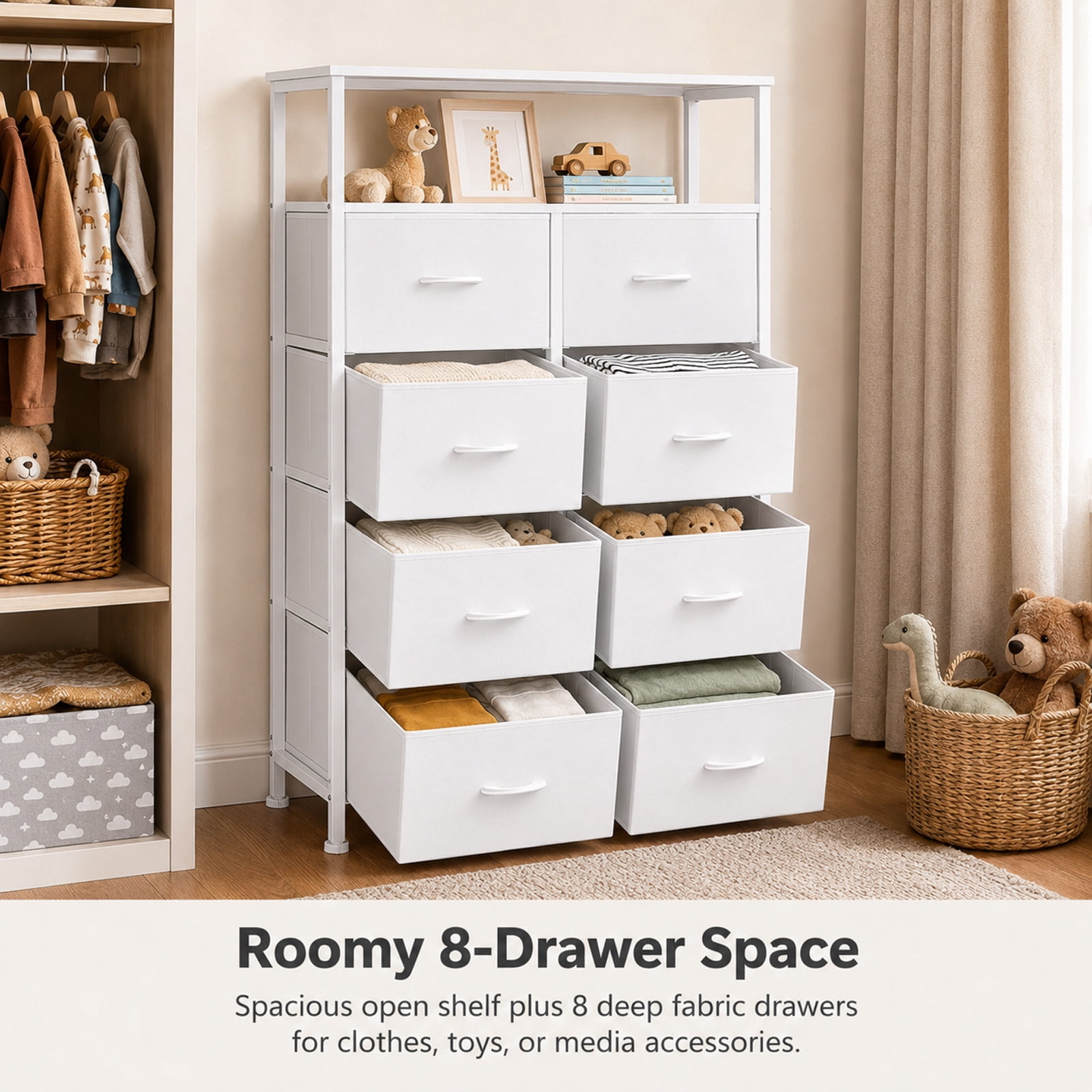 Alvantor 8-Drawer Fabric Dresser with Open Shelf, Chest of Drawers, Steel, MDF, Storage Organizer Unit, Closet, Entryway