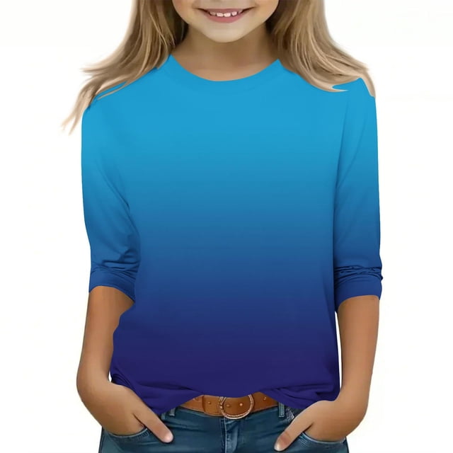 Dealovy Girls Shirts 3/4 Sleeve Gradient Color Spring Summer Loose Casual Cute Crew Neck Tunic Tops