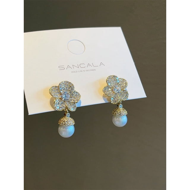 Pendientes de flor de lirio con diamantes superbrillantes y aguja de plata S925 para mujer, elegantes y ligeros pendientes de perlas, pendientes distintivos que combinan con todo