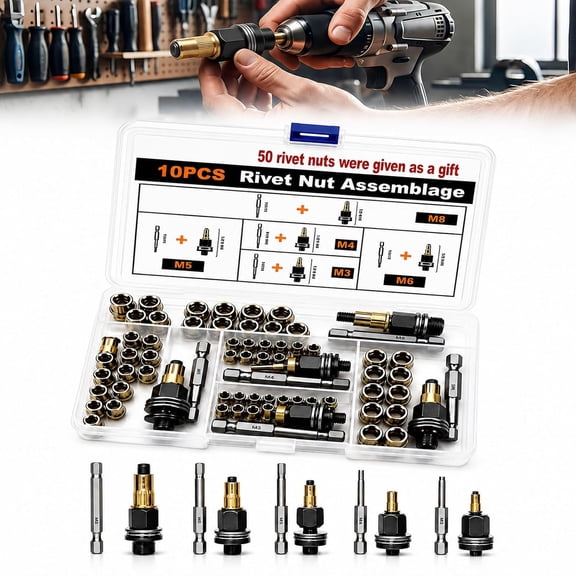 KSFresh Carbon Steel Rivet Nut Tool Kit, Manual and Drill Installation Tool with Threaded Rivet Nuts for Metal Repairs