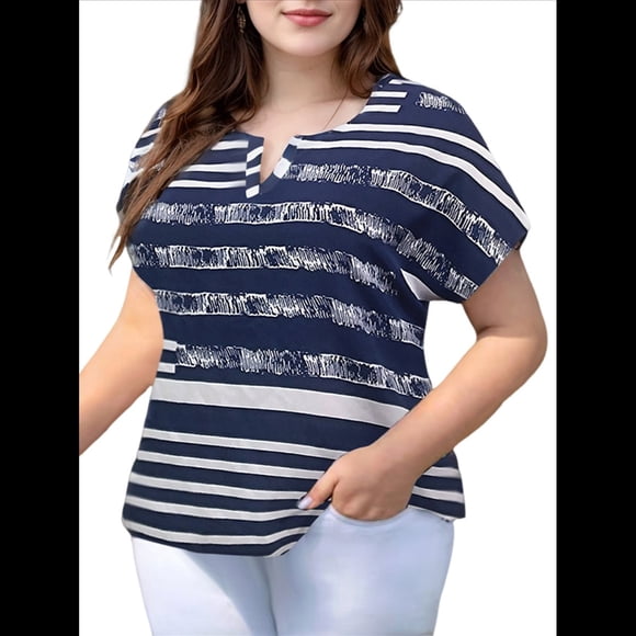 Blusa de Mujer con Mangas Murciélago y Estampado Gráfico A Rayas Azul Oscuro 4XL