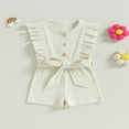 thumbnail image 2 of Toddler Baby Girl Clothes Rompers Ribbed Ruffle Sleeveless Button Belted Romper Short Jumpsuit Summer Outfit Brick Red 12-18 Months, 2 of 7