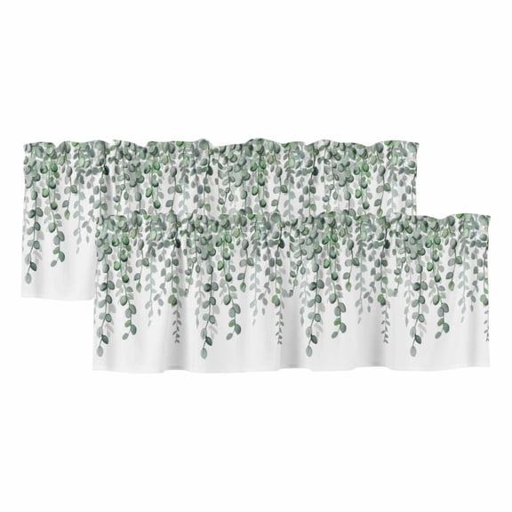 2 Pack Valances for Windows, Green Eucalyptus Leaves Window Valances for Living Room/Bedroom/Bathroom, Summer Botanical Weeping Watercolor Light Filtering Kitchen Curtain Valance 54"W x18" L