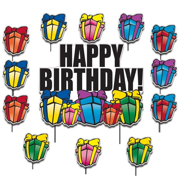 VictoryStore Yard Sign Outdoor Lawn Decorations: Birthday Yard Cards - Happy Birthday Greetings w/Presents Yard Decoration Includes Stakes