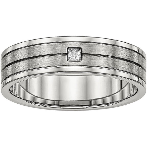 Stainless Steel Brushed and Polished Grooved CZ Ring