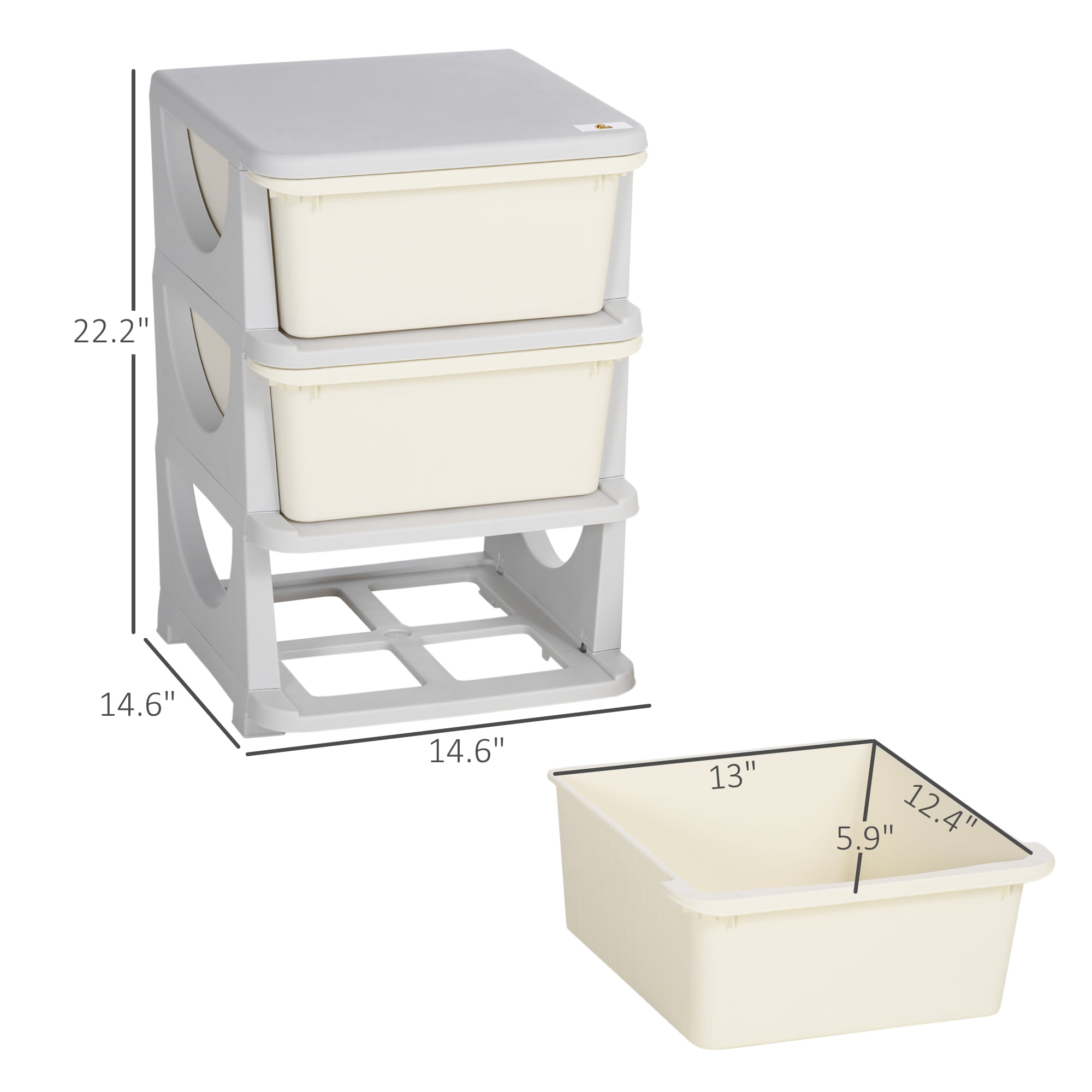 Qaba 3 Tier Kids Storage Unit Dresser Tower with Drawers Chest Toy Organizer for Bedroom Nursery Kindergarten Living Room for Boys Girls, Cream White