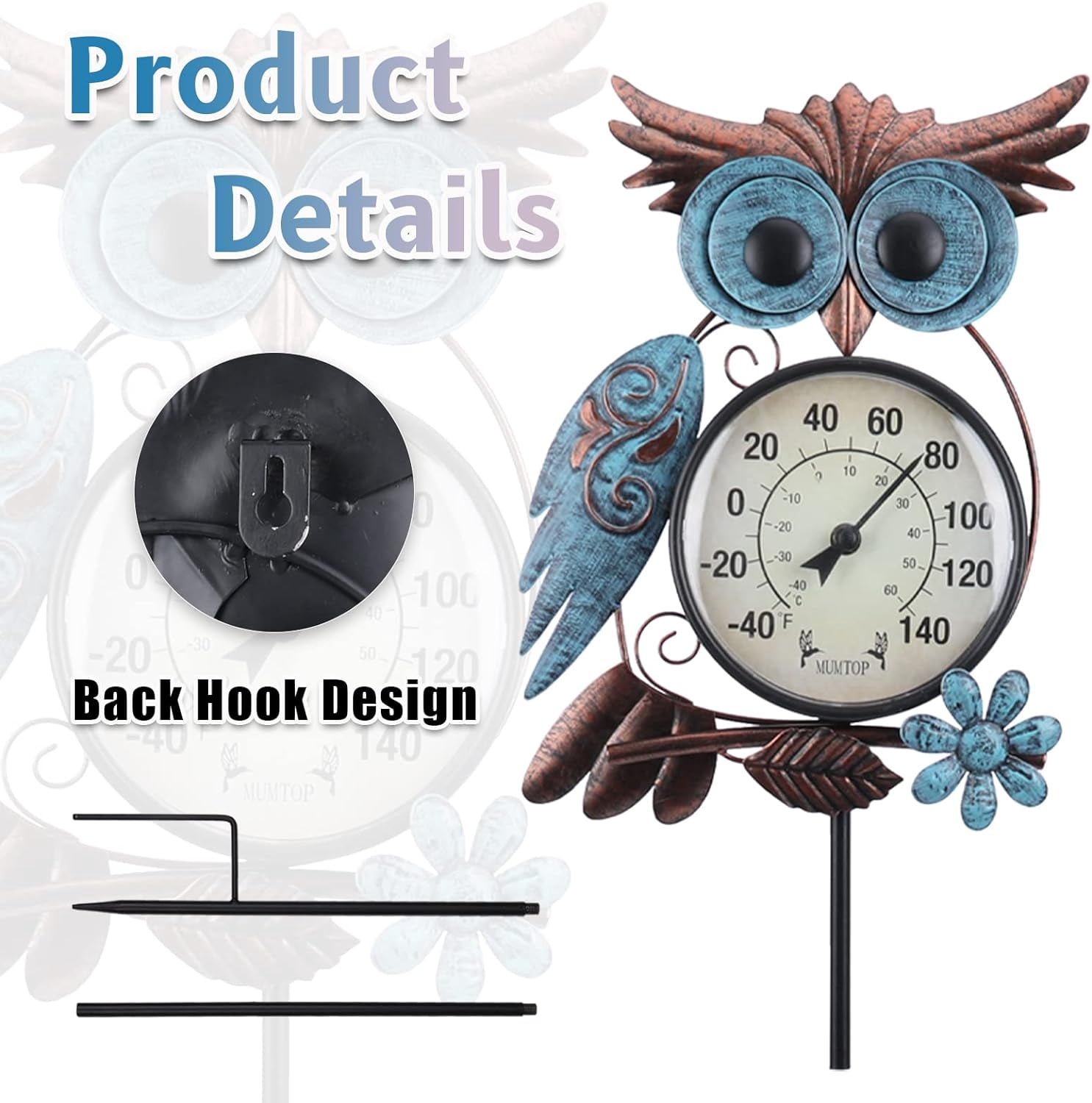 MUMTOP Wall Hanging Thermometer Stake, 42 Inch Metal Owl Garden Stake Outside Wall Thermometer for Patio, Yard and Garden,Weather Resistant