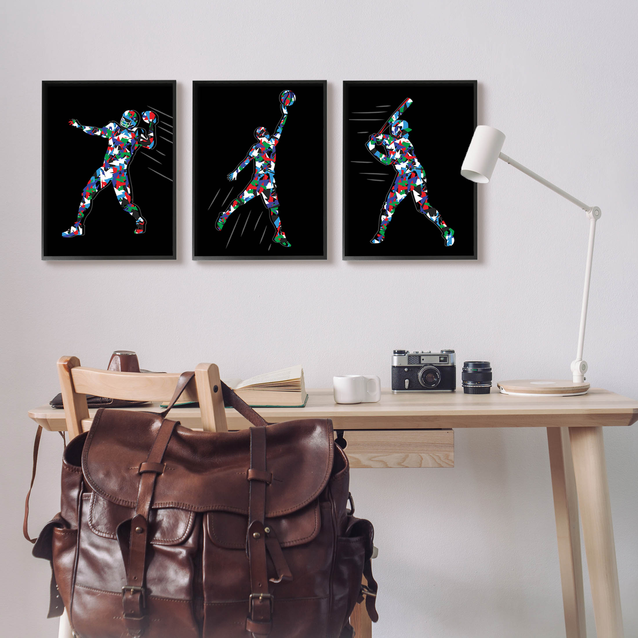 Stupell Industries Geometric Pattern Sports Players Graphic Art Black Framed Art Print Wall Art, Set of 3, Design by Arrolynn Weiderhold