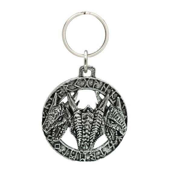 3 Headed Dragon In Runes Keychain, G046KC, 1 3/4 inch, Pewter, Key Fob, Key Ring, Keys, Zipper Pull, Luggage Tag, Backpack, Over 300 Keychain Designs, Handmade in the USA, 100% American Made