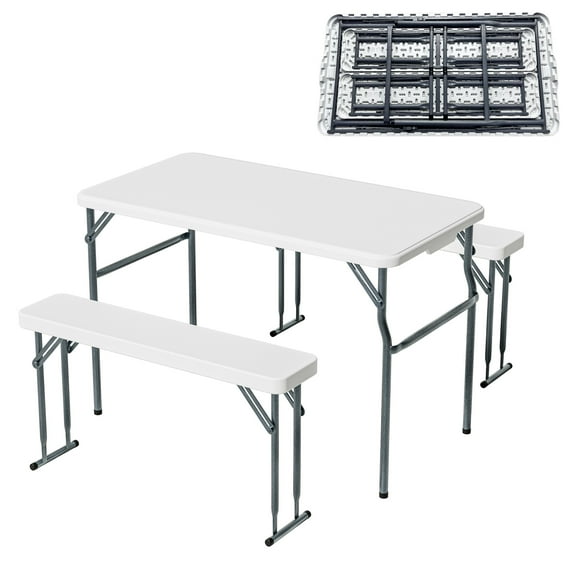 SDJPOI Folding Picnic Table Chair Set, 44.49 inch Portable Camping Table with 2 Benches (White)