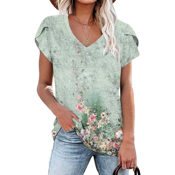 ICHUANYI Clearance Fashion Women's Summer V-Neck Short Sleeve Print Casual T-shirt Blouse(Light Blue, XL) ICHUANYI WER2023081507277