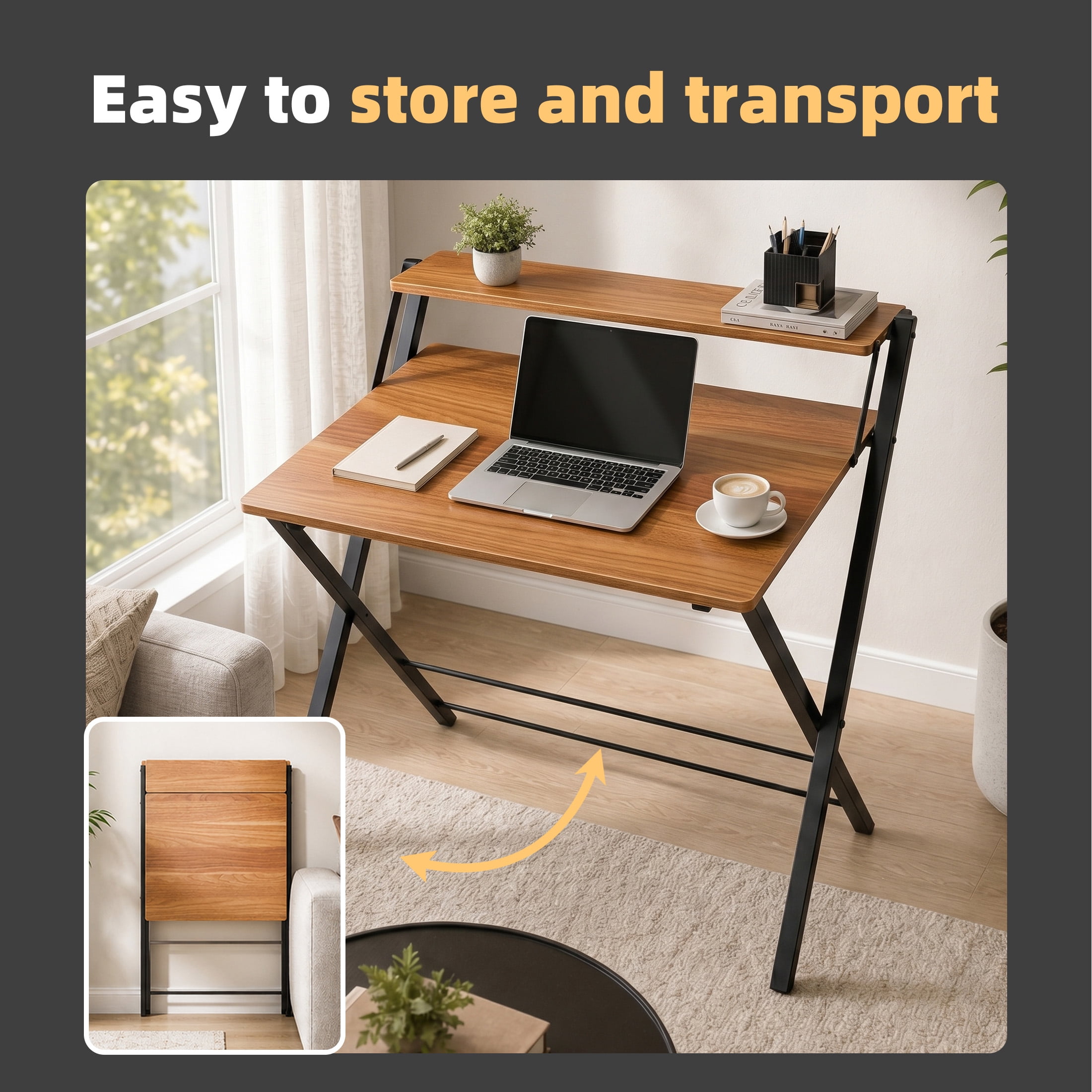 EDX Small Folding Desk with Shelf, No Assembly 2-Tier Compact Computer Table, Portable Study Workspace for Bedroom, Home Office, Brown