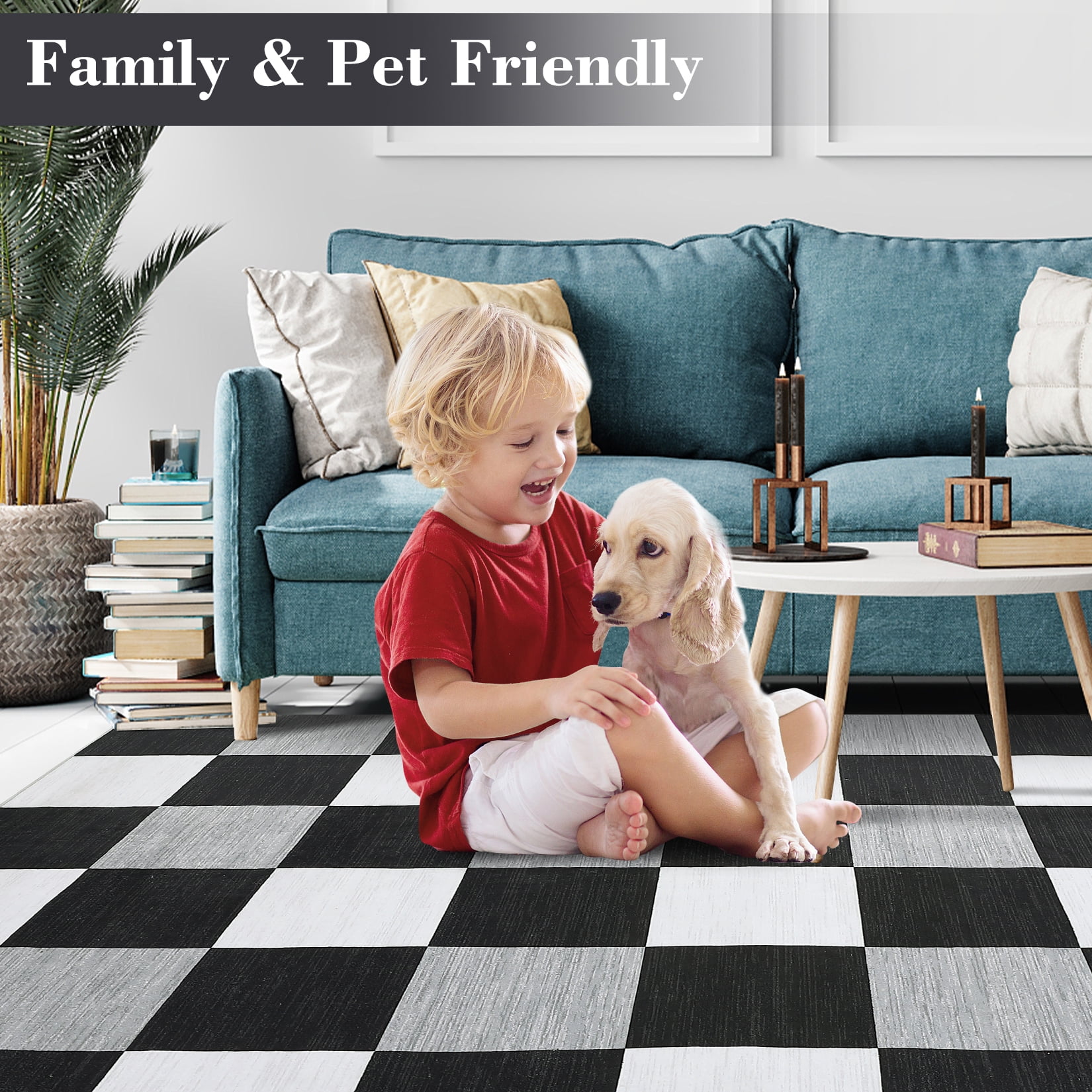 Garvee 9' x 12' Checkered Area Rug Washable Rugs Modern Geometric Rug Indoor Soft Foldable Accent Carpet for Living Room Bedroom, Black