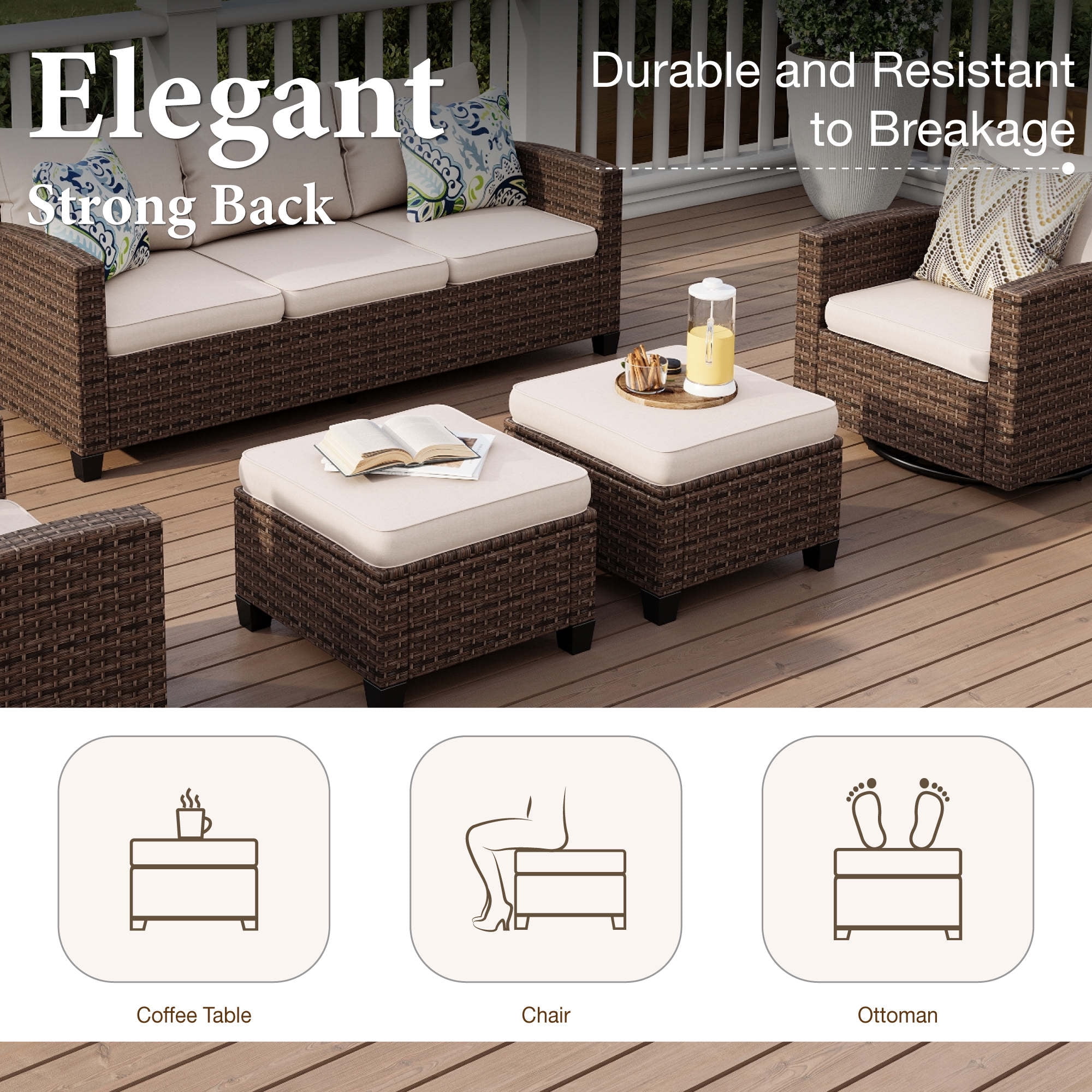 MF Studio 9-Seat Outdoor Patio Furniture Set with Fire Pit Table Wicker Patio Conversation Set Beige