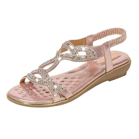 CHOII 50% Clearance Women Fashion Flat Large Size Casual Sandals Beach Shoes Women Sandals Rhinestone Bohemian Roman Sandals Ankle Strap Sandals Comfort Sandals Pink/8