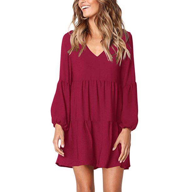 Vista Women's Long Sleeve Tunic Dress V Neck Loose Swing Shift