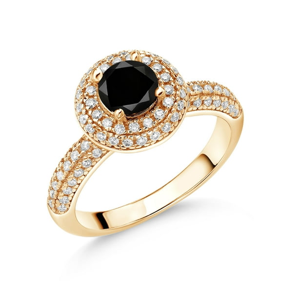 Gem Stone King 18K Yellow Gold Plated Silver Ring Round Black Diamond and Moissanite (1.32 Cttw, Size 8)