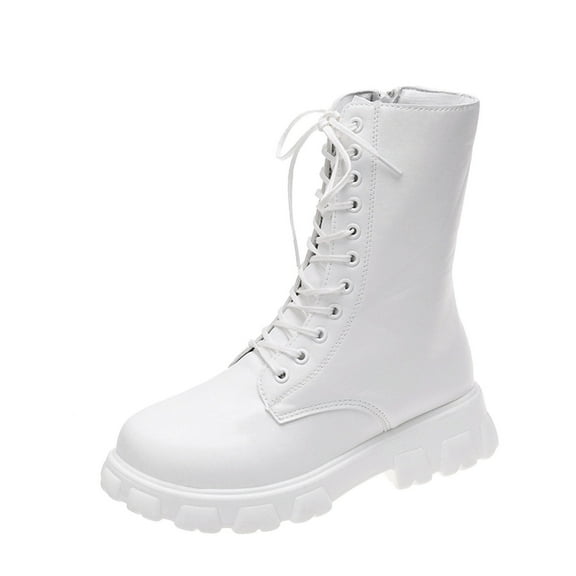 YLYL Women's Mid Calf Combat Boots Lace-up Elastic Platform Boot with Side Zipper
