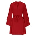 thumbnail image 5 of ZQUUVOU Lace Up Silk Dress for Women Long Sleeve Solid Color V Neck Flared Cuff Asymmetrical Hem Elegant Cocktail Dress Red, 5 of 7