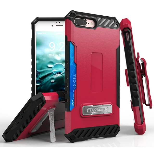 HOT PINK/BLACK TRI-SHIELD RUGGED CASE with KICKSTAND and CREDIT CARD WALLET SLOT + BELT CLIP HOLSTER + LANYARD STRAP FOR APPLE iPHONE 7/8 PLUS +