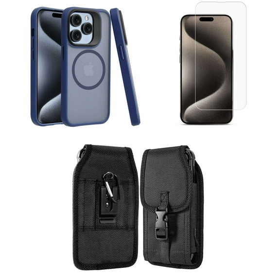 Bemz Phone Case for iPhone 15 with Shockproof Protective Wireless Charging Ring Cover, Screen Protector, Vertical Rugged Nylon Secure Belt Holster Clip Pouch (Dark Blue)