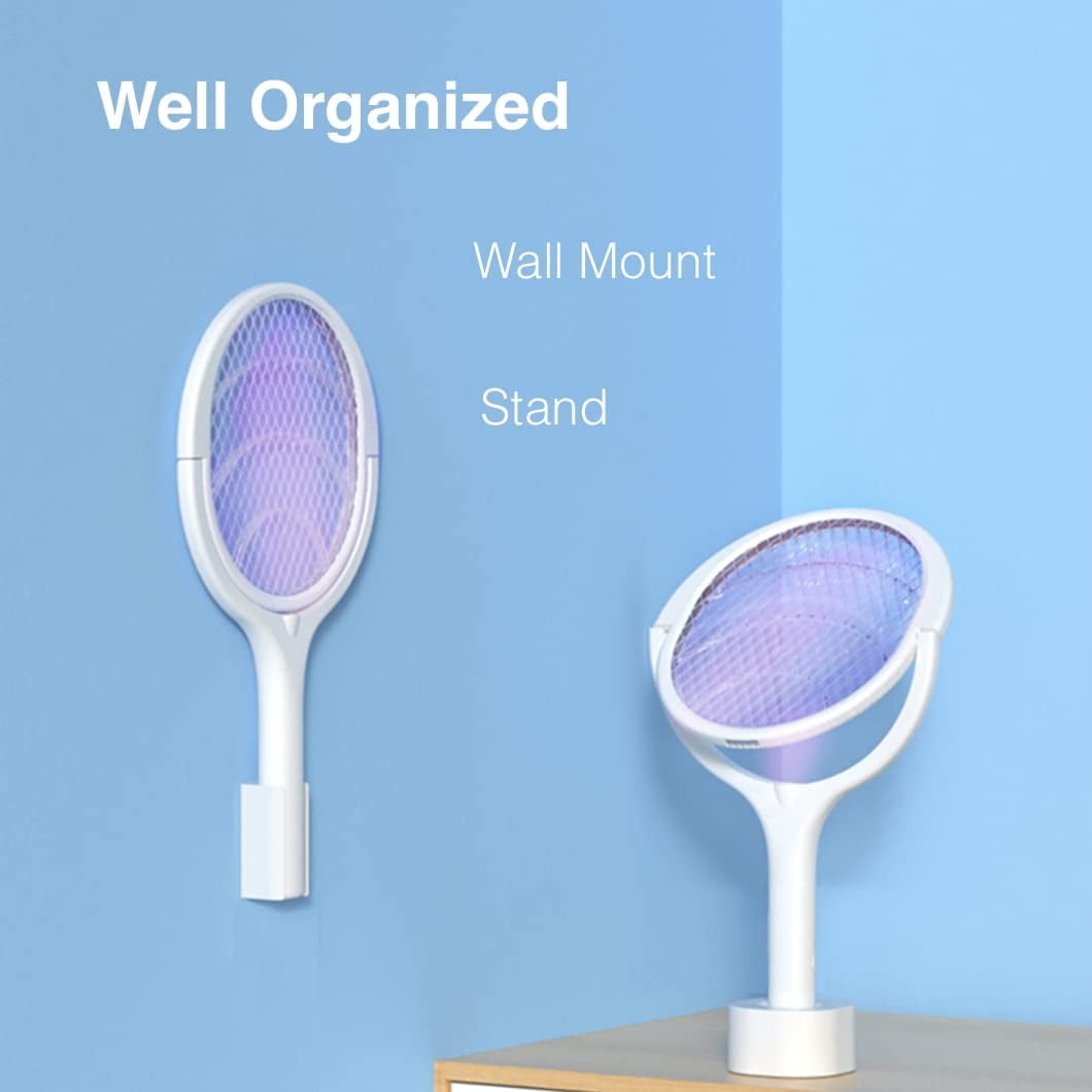 Rotating Head Electric Fly Swatter Racket Rechargeable Bug Zapper Racket Bug Zapper Indoor Fly Zapper Mosquito Zapper Flies Killer for Indoors, with a Telescopic Extension