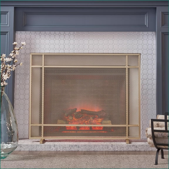 Fireplace Screen, Modern Single Panel Iron with Fine Mesh, Gold Finish | Iron | Gold