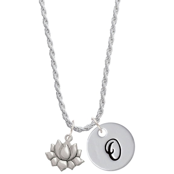 Delight Jewelry Silvertone Small Lotus Flower Silvertone Script Initial Disc - O - Charm Necklace, 20"+3"