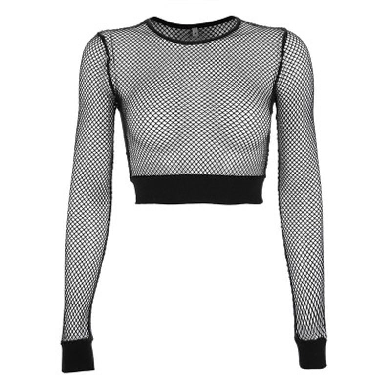 Women Long Sleeve Sheer Mesh Top Black Fishnet Clubwear Blouse
