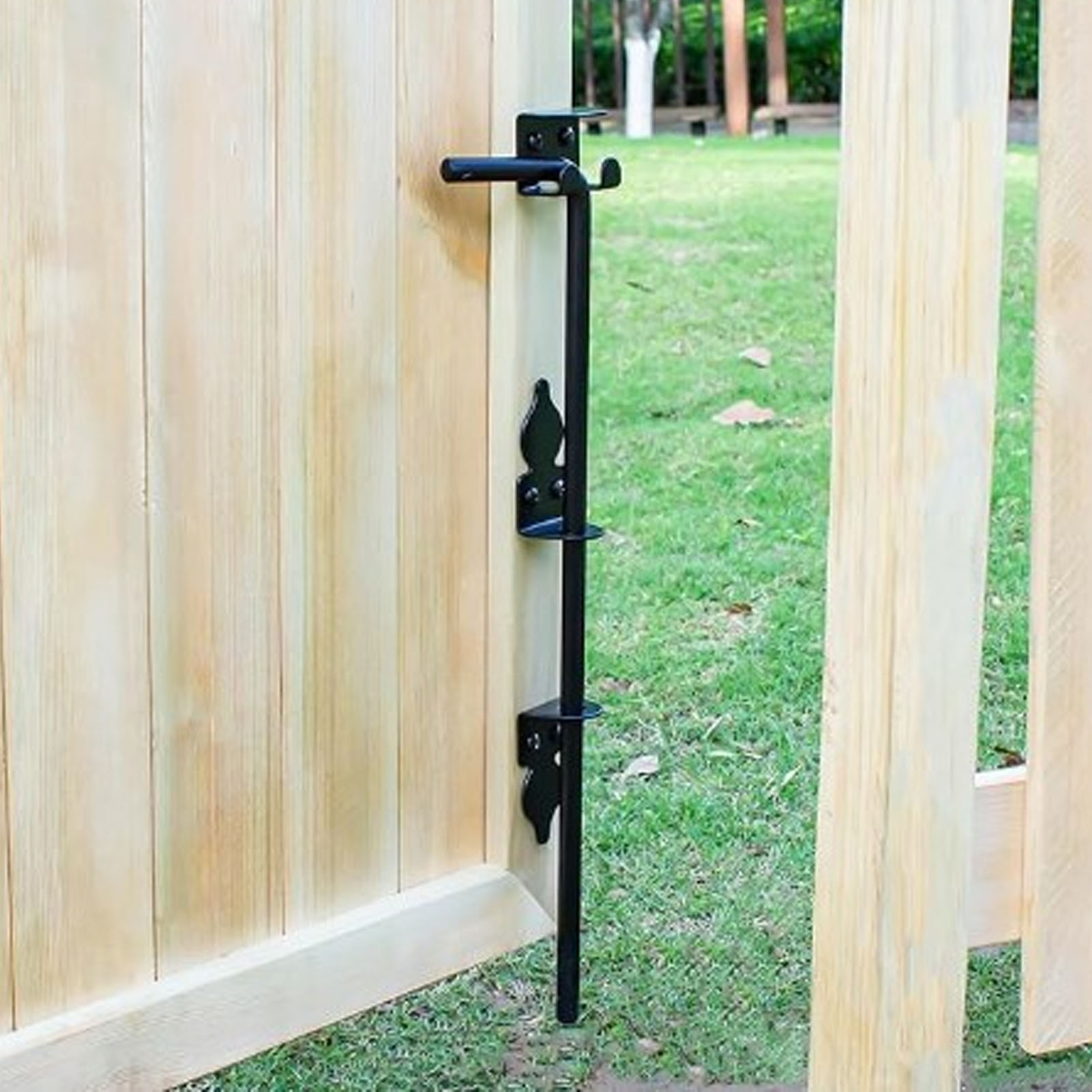 BIMZUC 2-Piece Gate Ground Latch 12 Inch / 30.5 cm Heavy Duty Metal Gate Drop Rod Black Powder Coated Cane Bolt for Wooden Fences Double Gates and Metal Doors