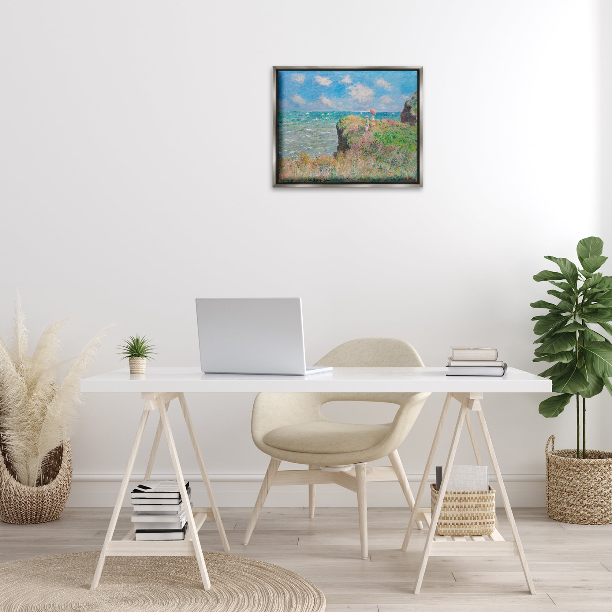 Stupell Industries Classic Monet Cliff Walk Landscape & Nature Painting Gray Floater Framed Canvas Art Print Wall Art, 21 x 17