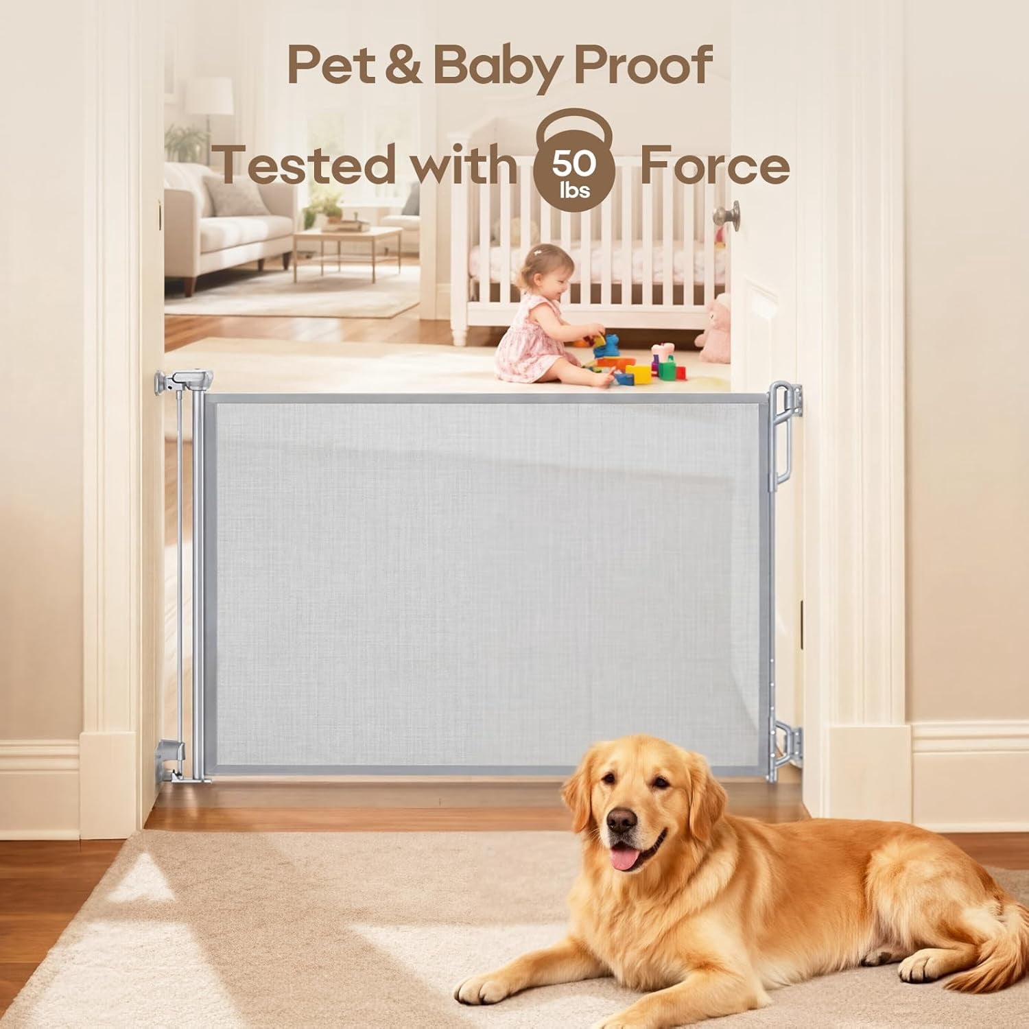 Retractable Safety Baby Gate or Mesh Dog Gate,Durable Portable Mesh Retractable Gate,Easy to Use for Stairs, Doorways, Hallways, Indoor, Outdoor, 33.5" Tall, Up to 45" Wide, Cream
