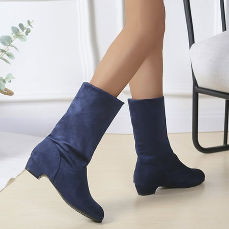 

Wefuesd Ladies Fashion Solid Suede Round Head Casual Coarse Heel Medium Boots Womens Fashion Boots For Women Blue 37