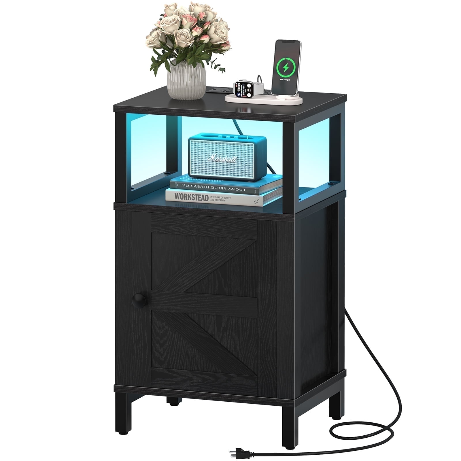 Farmhouse Wood NightStand with Charging Station & Adjustable LED,End Table with Storage Cabinet and Shelf, Bed Side Table with Barn Door for Bedroom Living Room ,Black