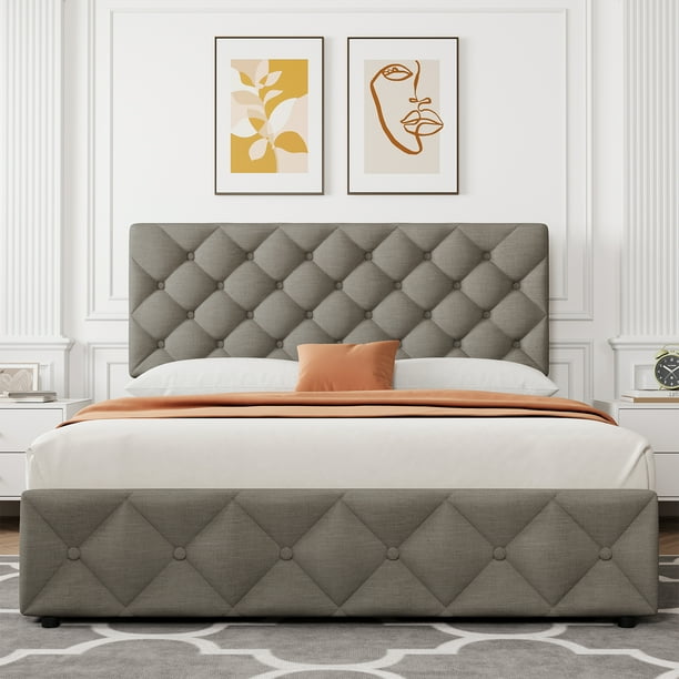 WhizMax Queen Size Bed Frame with 4 Storage Drawers, Linen
