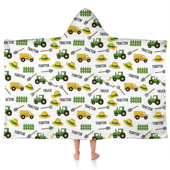 Cartoon Tractors Hats White Pattern Hooded Bath Towel,50"x30" for Ages 3 To 12 Kids, Quick Dry Lightweight Soft Microfiber Hood Beach Towel Cover Up for Kids