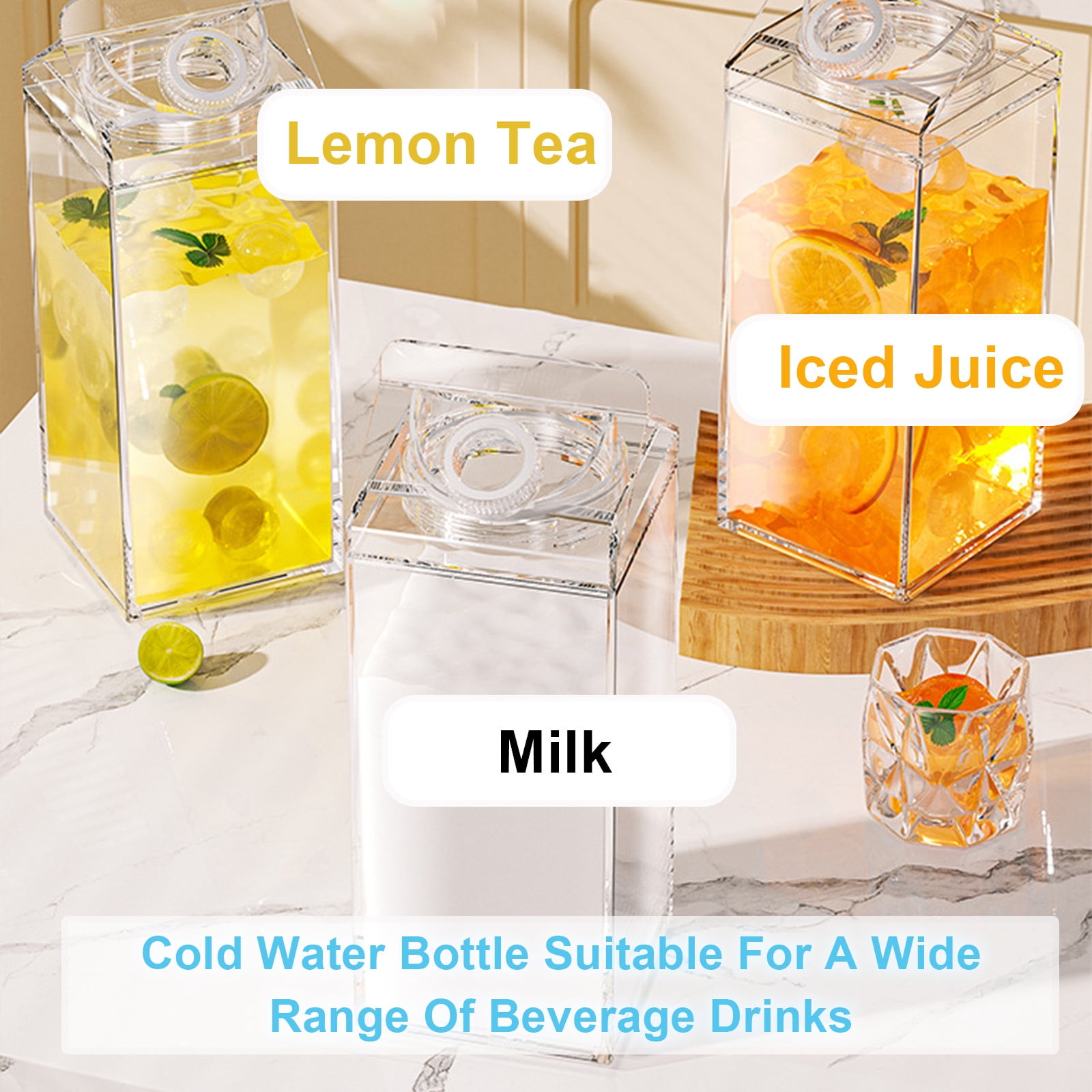 1.9L Large Milk Carton Water Bottle, Clear Plastic Milk Bottle, Portable Leakproof Square Juice Bottle Reusable Milk Container for Outdoor Sports Travel Camping