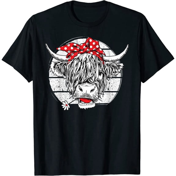Women's Highland Cow and Floral Graphic Print T-Shirt Soft Cotton Black