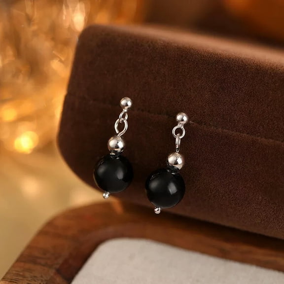 K-KED Pretty! Natural 8mm Black Onyx Agate Round Gemstone Hook Dangle Earrings