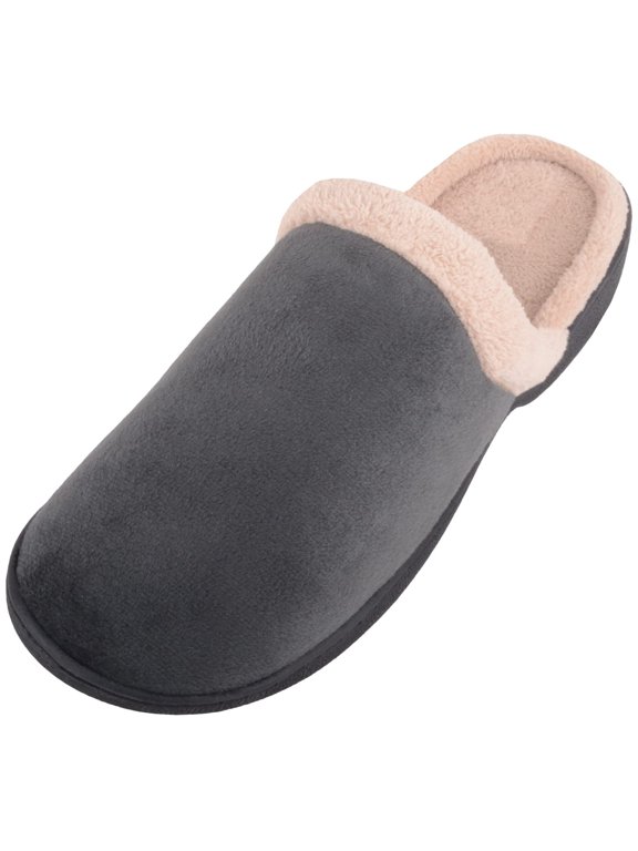 Womens Easy Slip On Velour Open Back Winter Mule Slippers with Fleece Lining and Collar - Grey - US 9