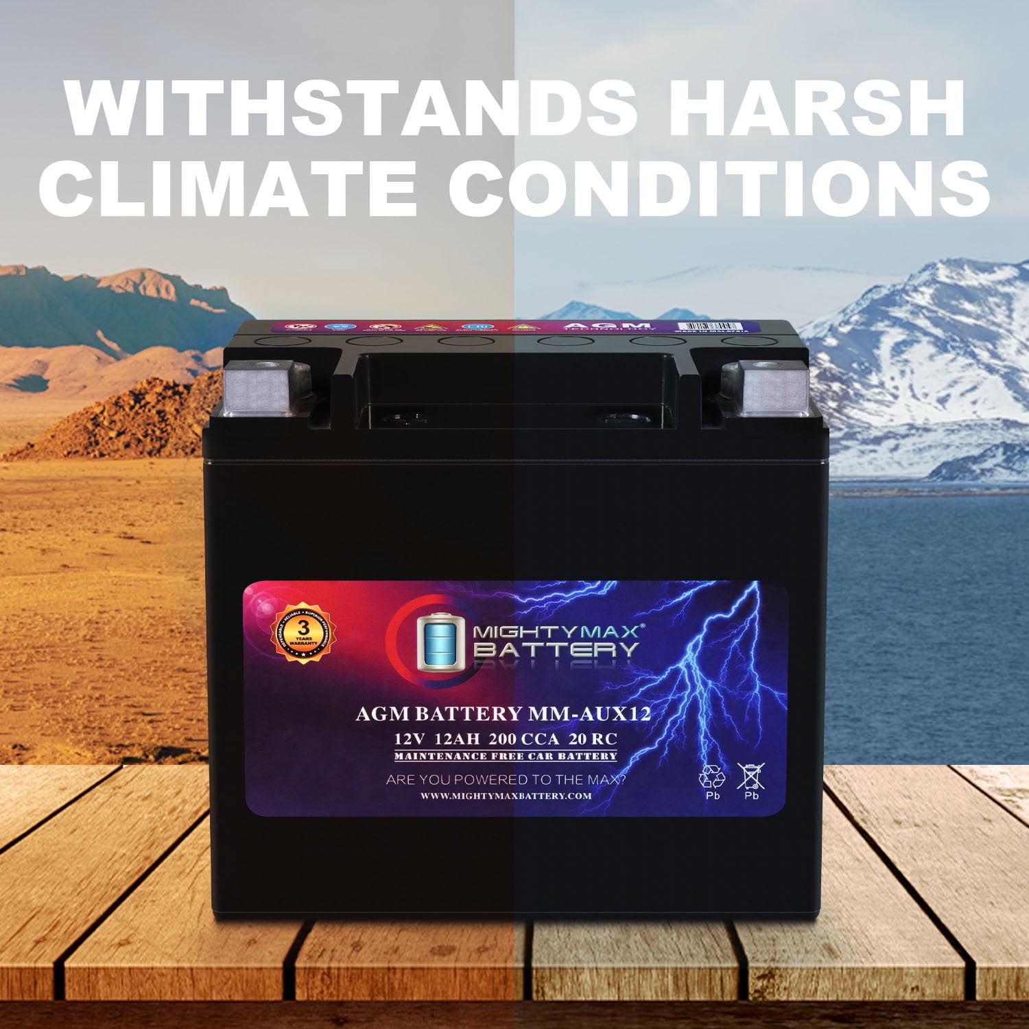MM-AUX12 Auxiliary Battery 12V 12Ah, 20RC, 200 CCA Rechargeable AGM Car Battery